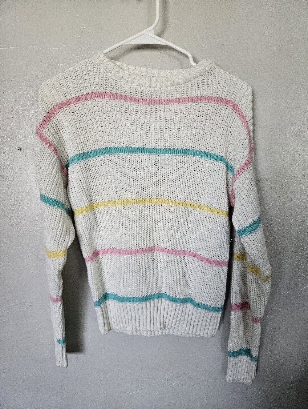 White Striped Knit Sweater Pastel Stripes Charlayne Vintage Women Medium Spring